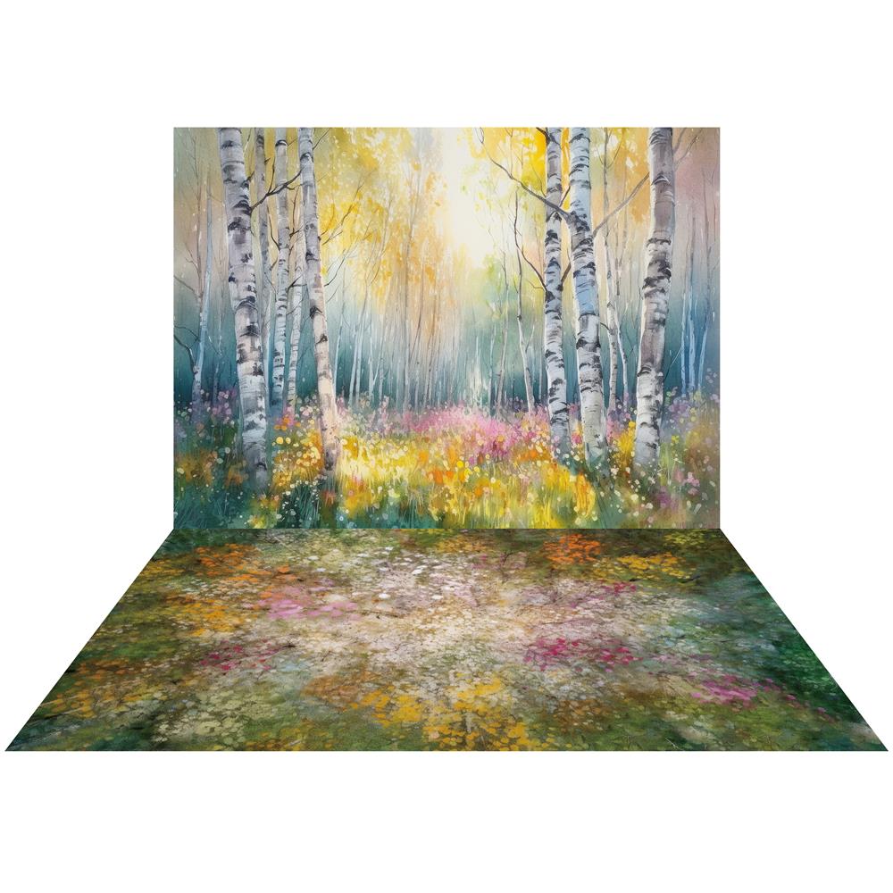 Kate Autumn Watercolor Brich Backdrop+Colorful Floor Backdrop