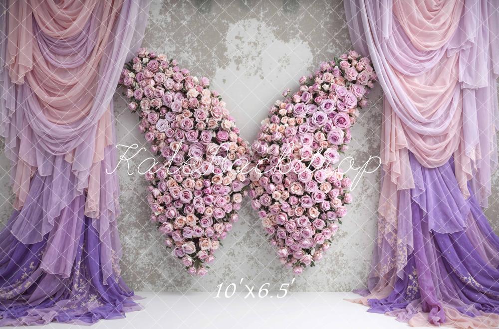 Kate Pink Rose Wings with Lavender Drapes Printed Backdrop Designed by Mini MakeBelieve