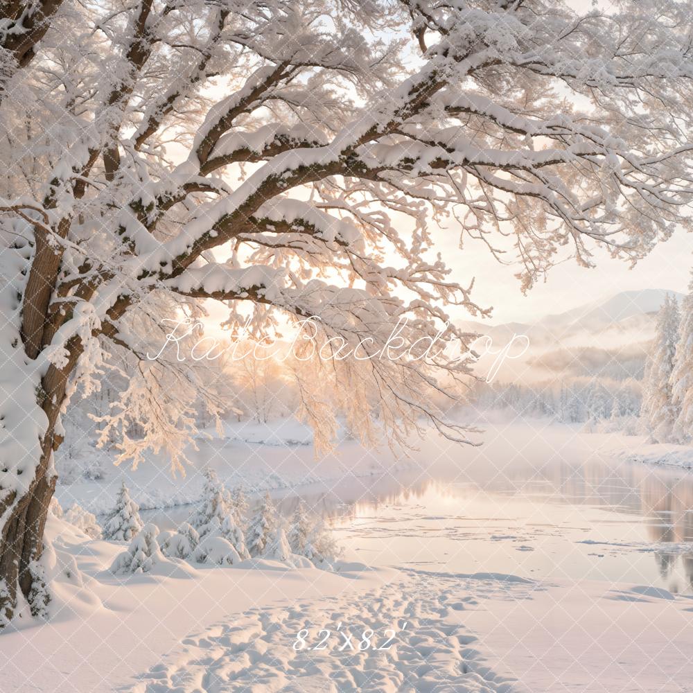 Kate Winter Snowy Forest Lake Sunrise Printed Backdrop Designed by Emetselch