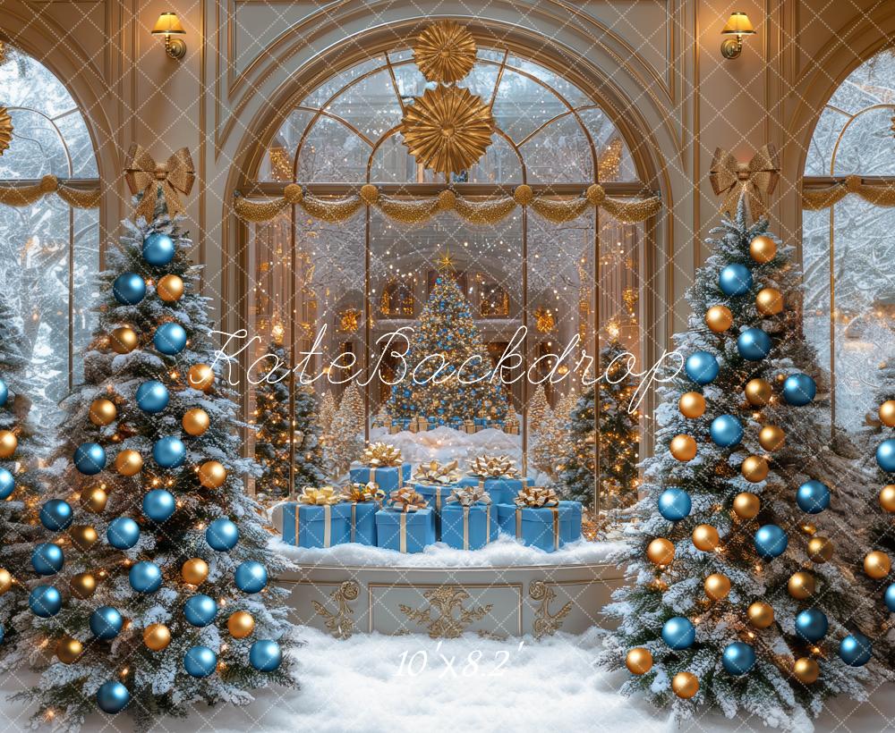 Kate Christmas Trees Blue Gold Ornaments Snowy Window Presents Backdrop Designed by Mini MakeBelieve