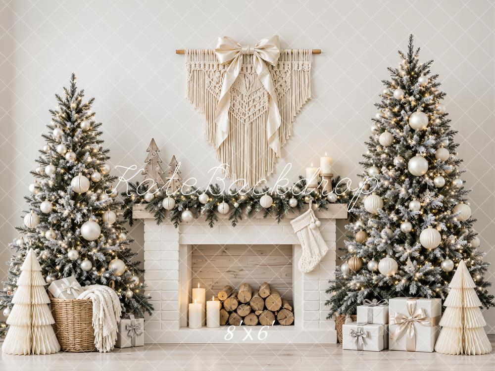 Kate Christmas Boho White Fireplace Trees Macrame Printed Backdrop Designed by Emetselch