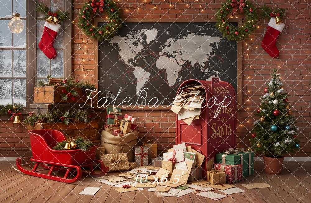 Kate Christmas Santa's Workshop Letters Sleigh Gifts Red Brick Wall Backdrop Designed by Emetselch