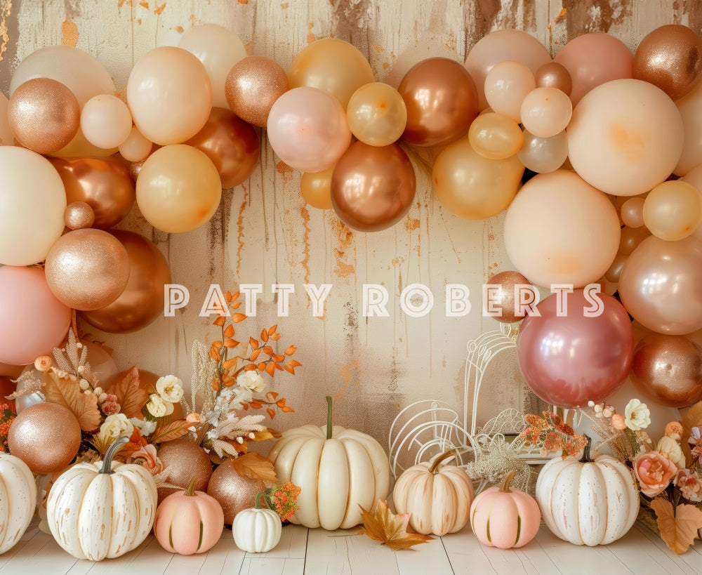 Cake Smash Boho Fall Balloon Arch Pumpkins Backdrop Designed by Patty Robert