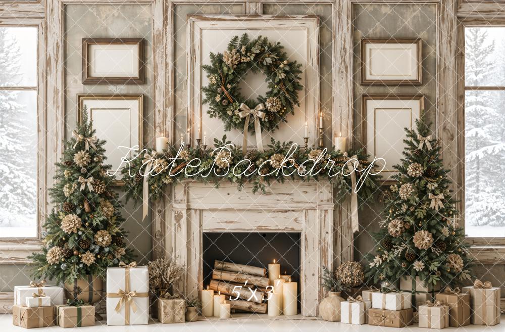 Kate Christmas Fireplace Rustic Wreath Garland Trees Neutral Printed Backdrop Designed by Emetselch