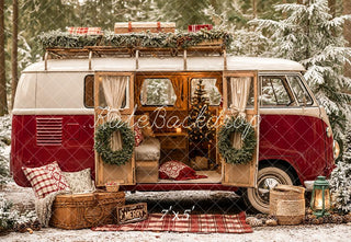 Kate Christmas Red Vintage Van Forest Snow Printed Backdrop Designed by Emetselch