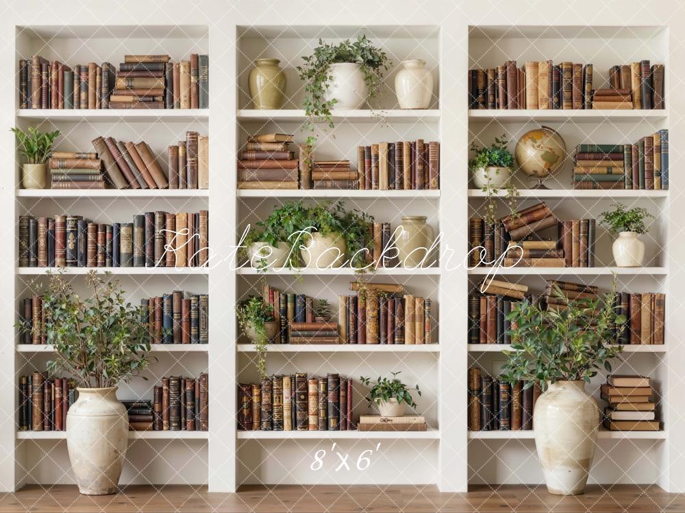 Kate Bookshelf White Shelves Books Plants Vases Printed Backdrop Designed by Emetselch