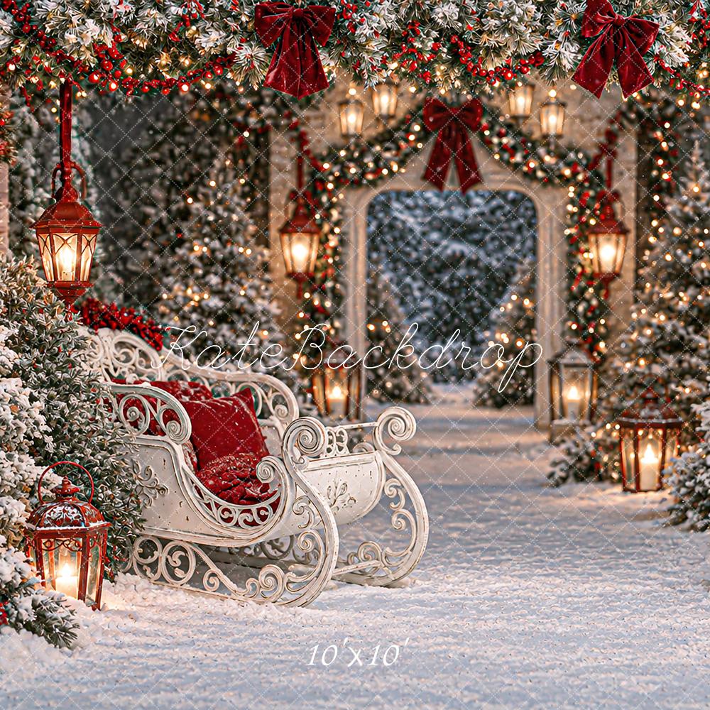Kate Christmas Snowy Sleigh Lantern Archway Pine Trees Printed Backdrop Designed by Angela Miller