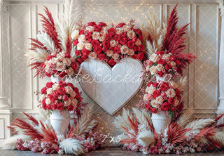 Kate Valentines Boho Wood Heart Red White Roses Pampas Grass Printed Backdrop Designed by Mini MakeBelieve