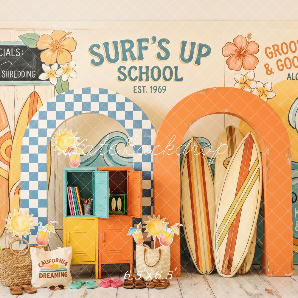 Kate Summer Surf’s Up School Surfboards Wave Arches Printed Backdrop Designed by Patty Roberts