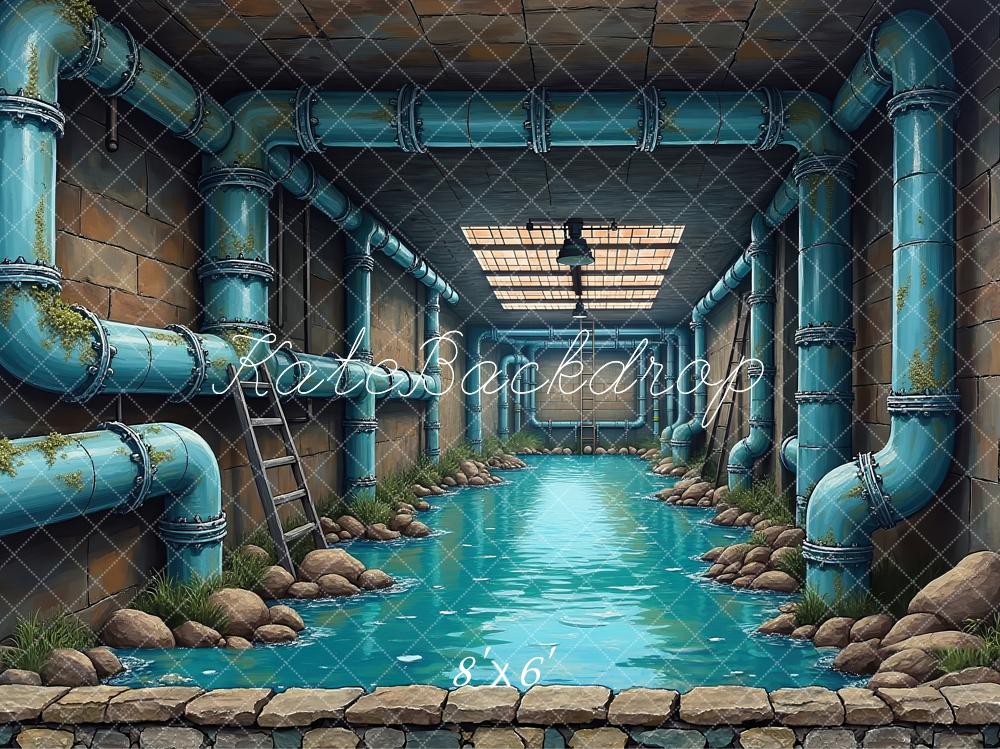 Kate Underground Water Tunnel Blue Pipes Printed Backdrop Designed by Laura Bybee