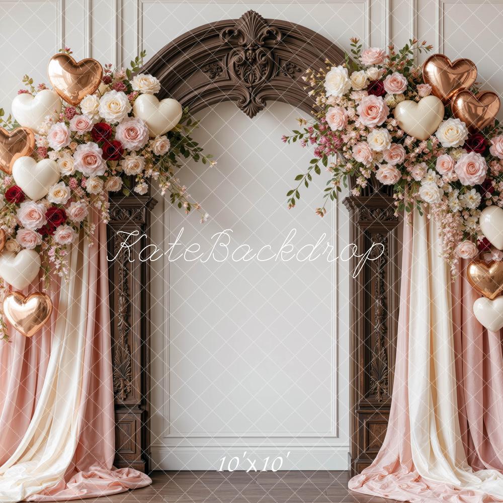 Kate Valentine's Day Flower Arch Heart Balloons Draped Curtains Printed Backdrop Designed by Mini MakeBelieve