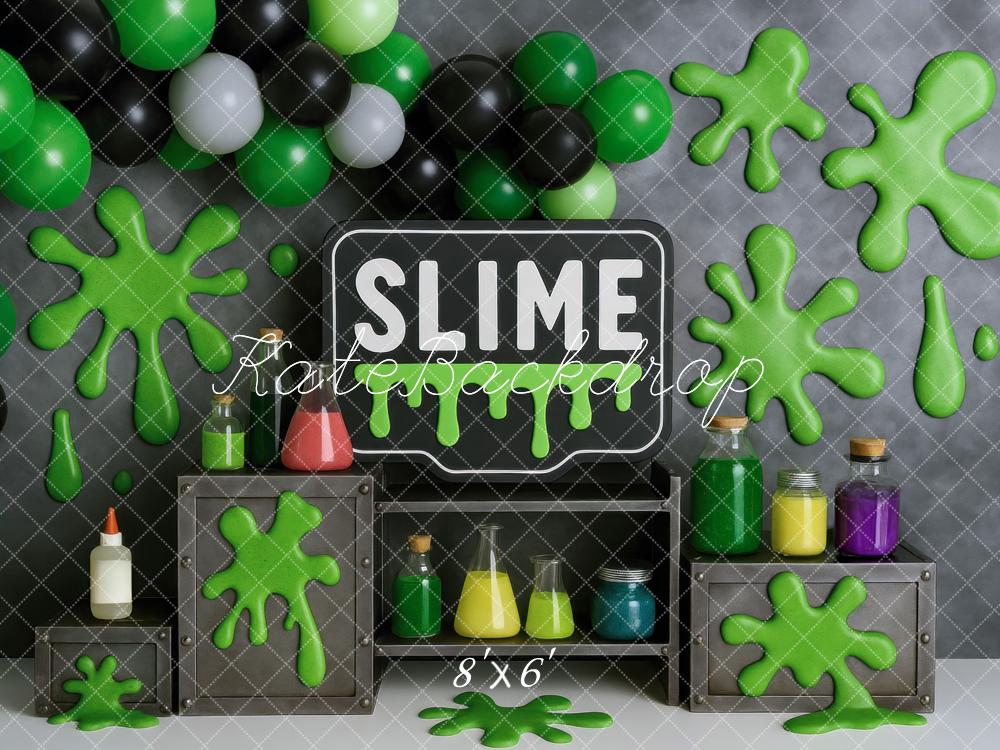Kate Cake Smash Slime Lab Green Balloons Backdrop Designed by Mini MakeBelieve