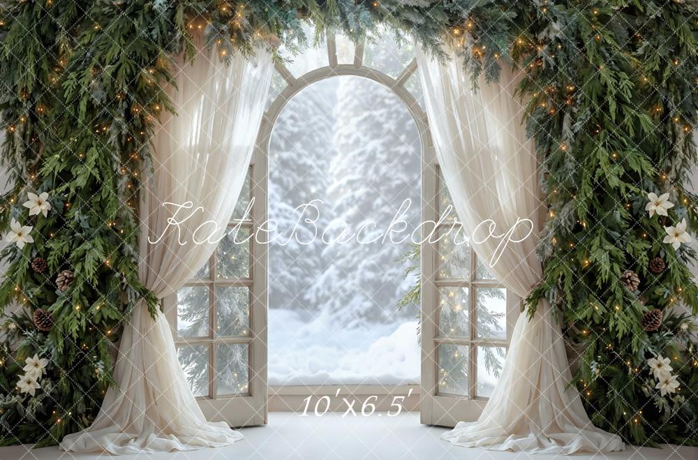 Kate Christmas Window Garland Pinecones Arch Snowy Forest Printed Backdrop Designed by Mini MakeBelieve