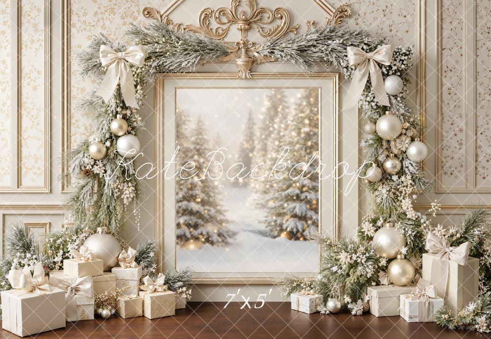 Kate Christmas Pine Garland Gift Boxes Vintage Framed Printed Backdrop Designed by Emetselch