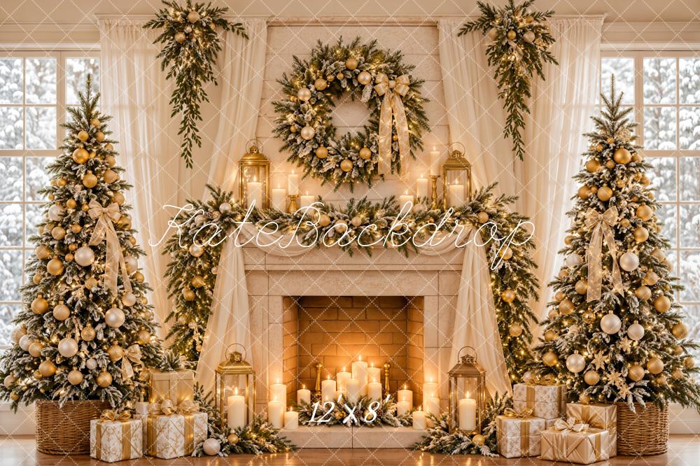 Kate Christmas Fireplace  Christmas Trees Wreath Gold Ornaments Window Printed Backdrop Designed by Emetselch