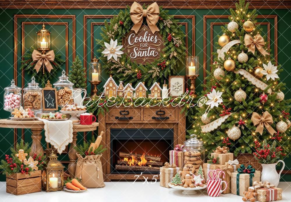 Kate Christmas Fireplace Cookies Tree Baking Green Printed Backdrop Designed by Mini MakeBelieve