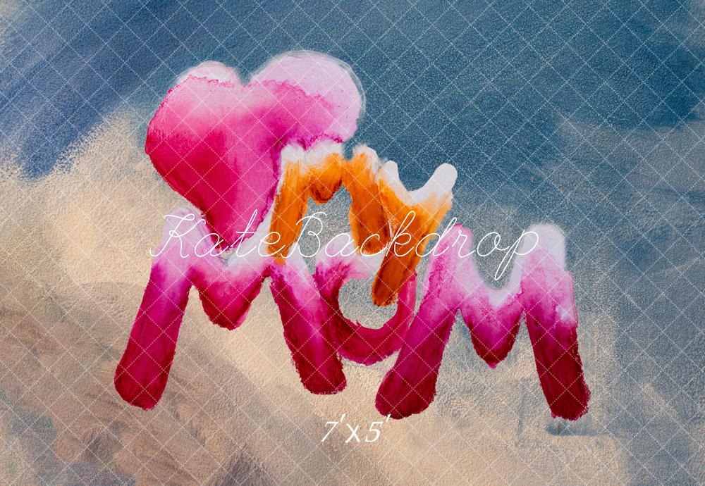 Kate Mother's Day Watercolor Mom Heart Text Blue Backdrop Designed by Fantasyphotoart