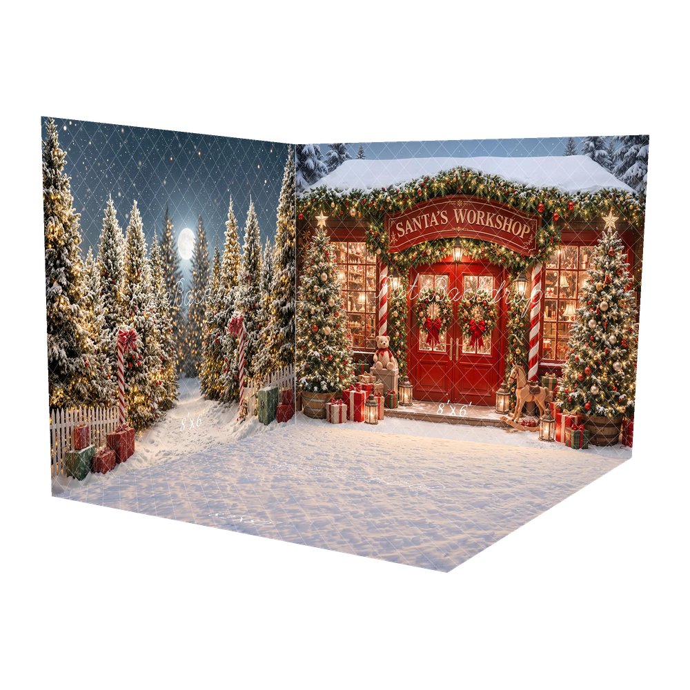 Kate Christmas Santa's Workshop Red Door Pine Trees Presents Printed Backdrop Room Set