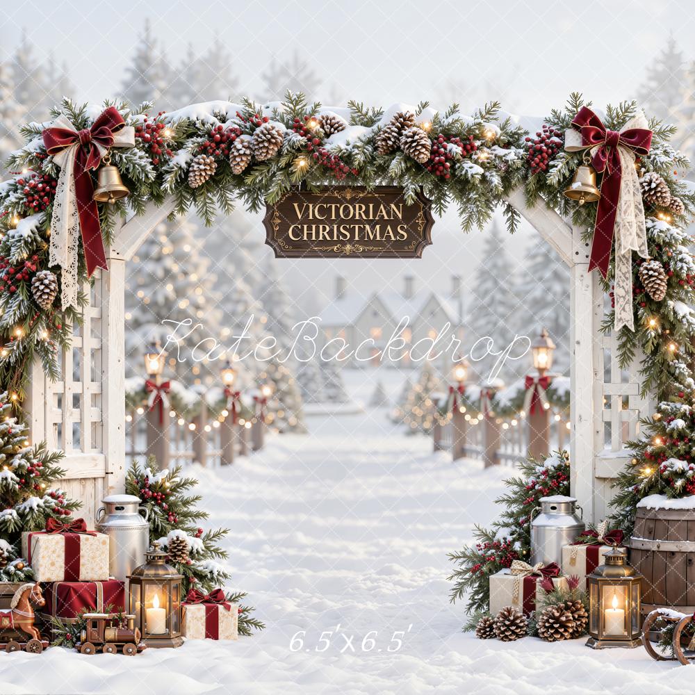 Kate Christmas Victorian Snowy Arch Rustic Fence Printed Backdrop Designed by Emetselch