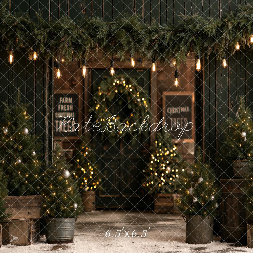 Kate Christmas Trees Farmhouse Evergreen Cabin Lights Printed Backdrop Designed by Emetselch