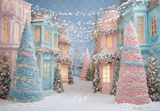 Kate Christmas Pastel Village Snowy Trees Fairy Lights Printed Backdrop Designed by Ashley Paul