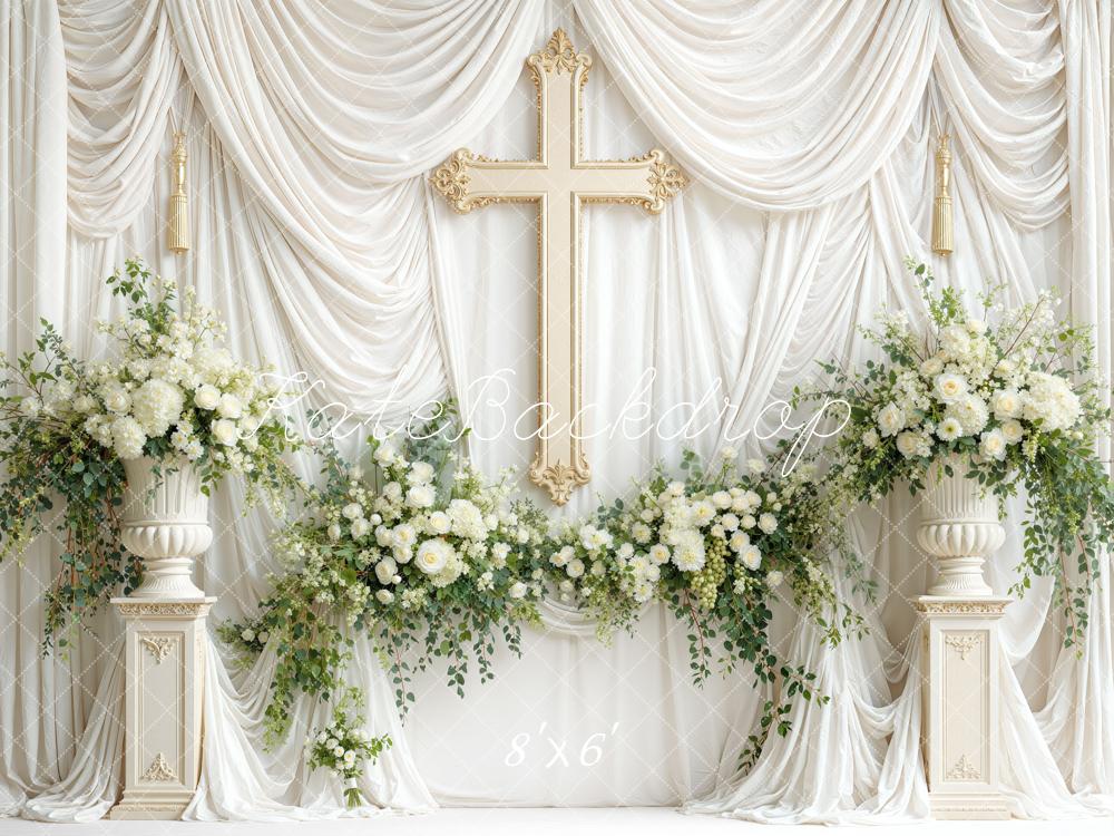Kate Church Wedding White Drapery Cross Floral Columns Printed Backdrop Designed by Mini MakeBelieve