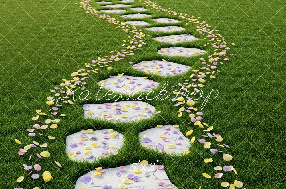Kate Spring Stone Pathway On Grass With Flower Petals Floor Backdrop Designed by Patty Roberts