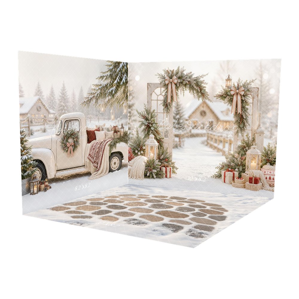 Kate Christmas Snowy Village Greenery Arch Lanterns Truck Printed Backdrop Room Set
