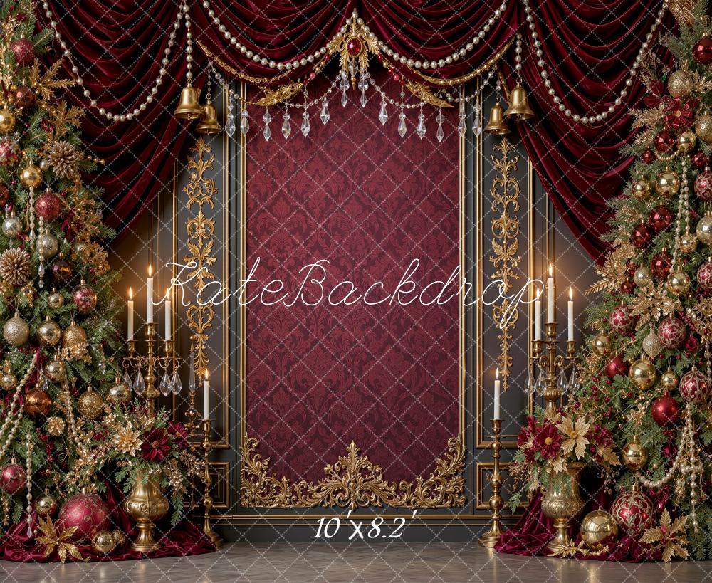 Kate Christmas Trees Ruby Burgundy Gold Drapes Vintage Wall Printed Backdrop Designed by Shutter Swan Studios