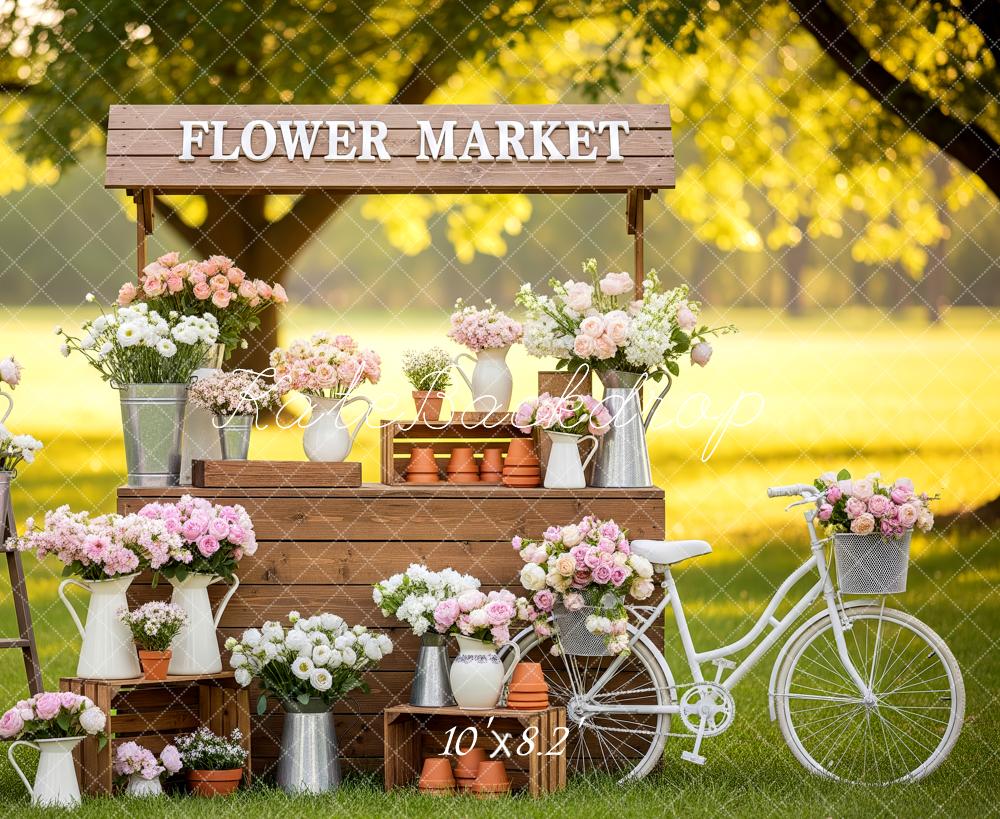 Kate Spring Flower Market Stand Bicycle Pink Flowers Outdoor Backdrop Designed by Patty Roberts
