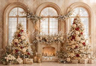 Kate Christmas Tree Roses Fireplace Arched Window Printed Backdrop Designed by Emetselch