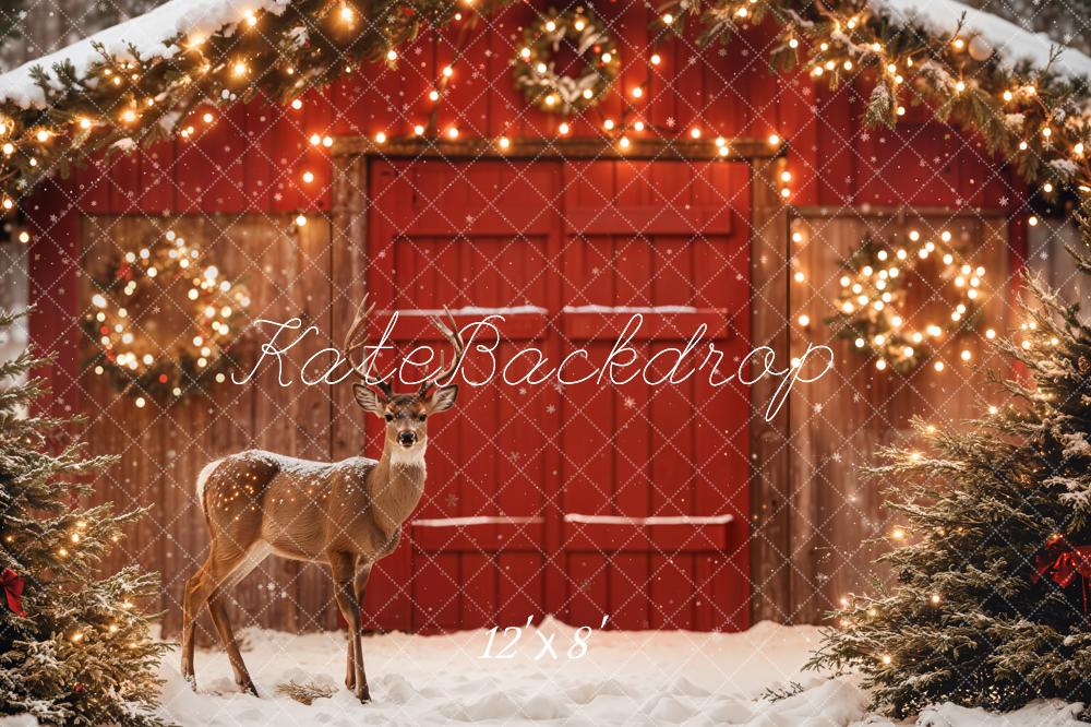 Fondo navideño de granero rojo ciervo nieve luces diseñado por Emetselch