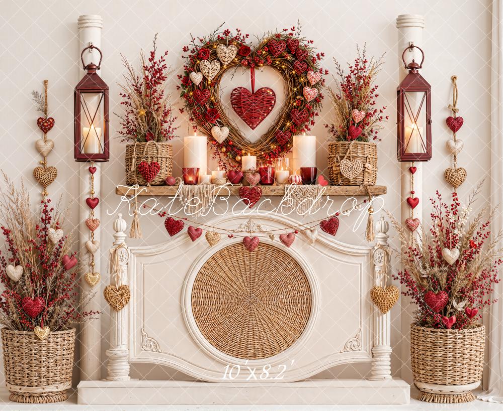 Kate Valentine's Day Headboard Heart Wreath Lanterns Mantel Flowers Printed Backdrop Designed by Emetselch