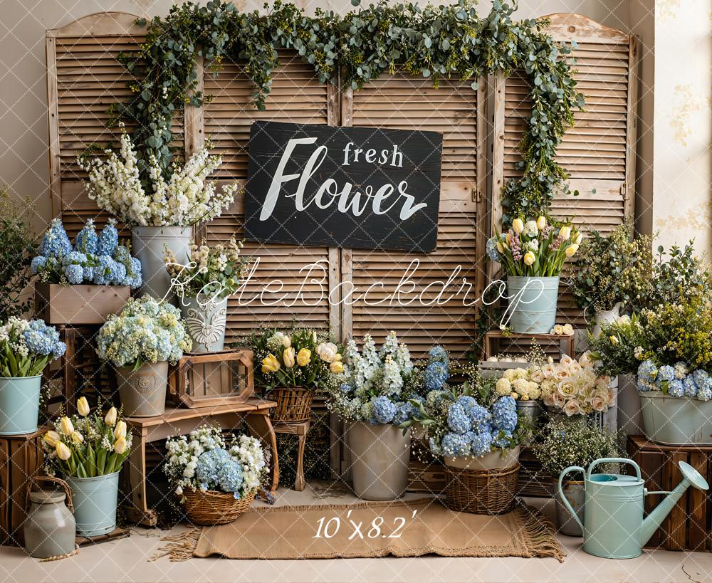Kate Flower Market Rustic Shutters Blue Hydrangea Tulip Arrangement Backdrop Designed by Emetselch