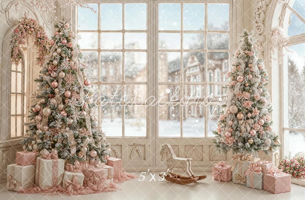 Kate Christmas Pink Trees Gifts Window Snowy Rocking Horse Backdrop Designed by Emetselch