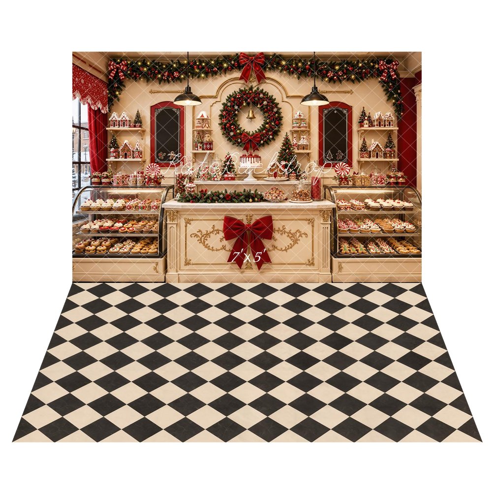 Kate Christmas Bakery Shop Cupcake Wreath Garland Printed Backdrop+Black And Beige Buffalo Plaid Printed Backdrop
