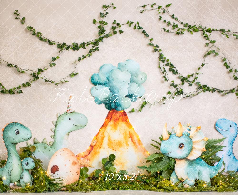 Kate Cake Smash Dinosaur Volcano Jungle Vines Printed Backdrop Designed by Megan Leigh Photography