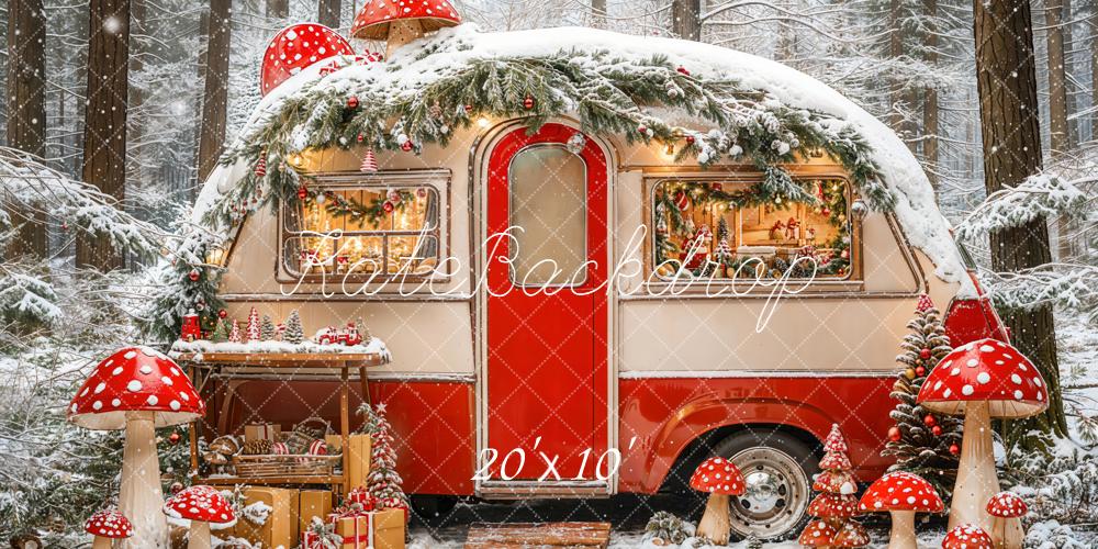 Kate Christmas Red Camper Mushrooms Snowy Forest Backdrop Designed by Emetselch