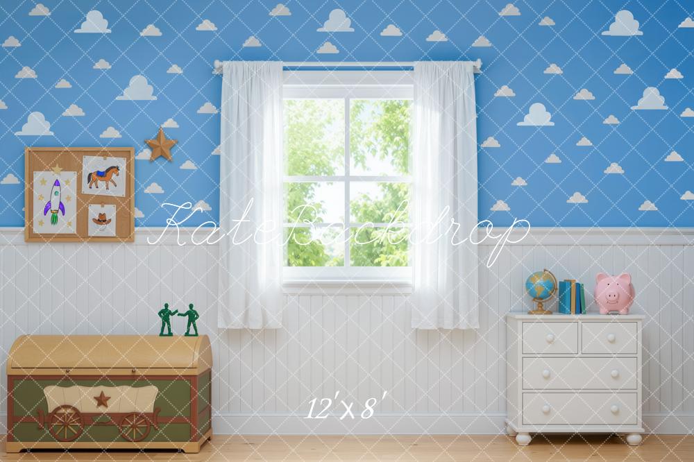 Kate Toys Room Blue Cloud Window Curtains Printed Backdrop Designed by Mini MakeBelieve