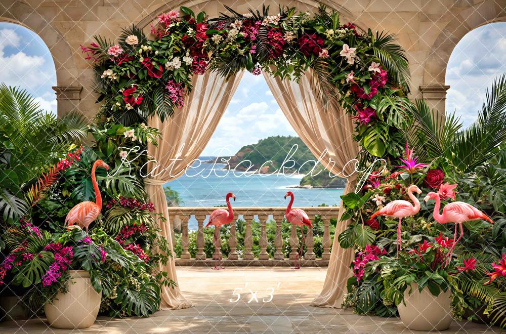 Kate Tropical Flower Arch Flamingos Ocean View Printed Backdrop Designed by Mini MakeBelieve