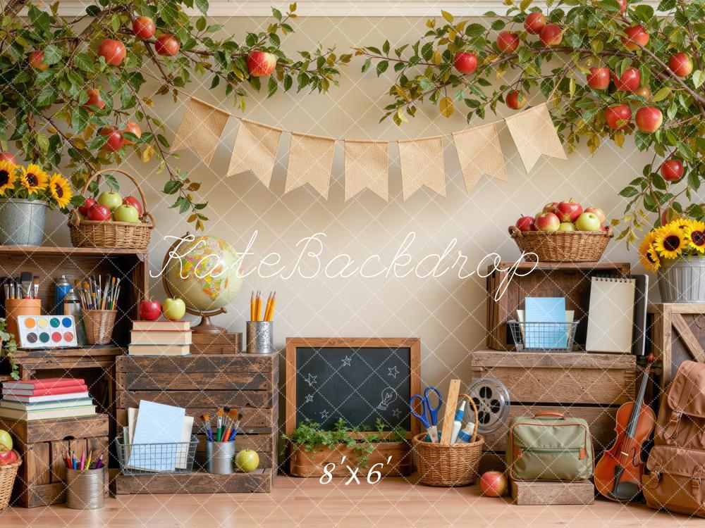 Kate Back To School Apple Classroom Chalkboard Sunflowers Printed Backdrop Designed by Mini MakeBelieve