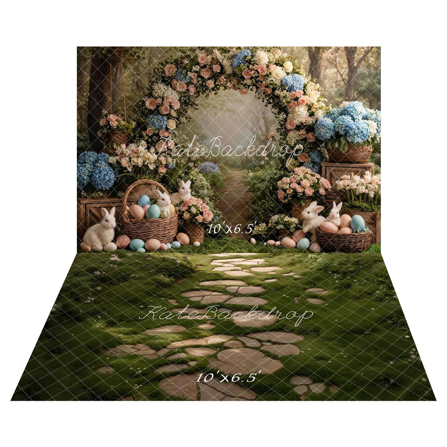 Kate Easter Bunny Flower Arch Pastel Eggs Forest Backdrop+Stone Pathway Mossy Green Garden Floor Backdrop