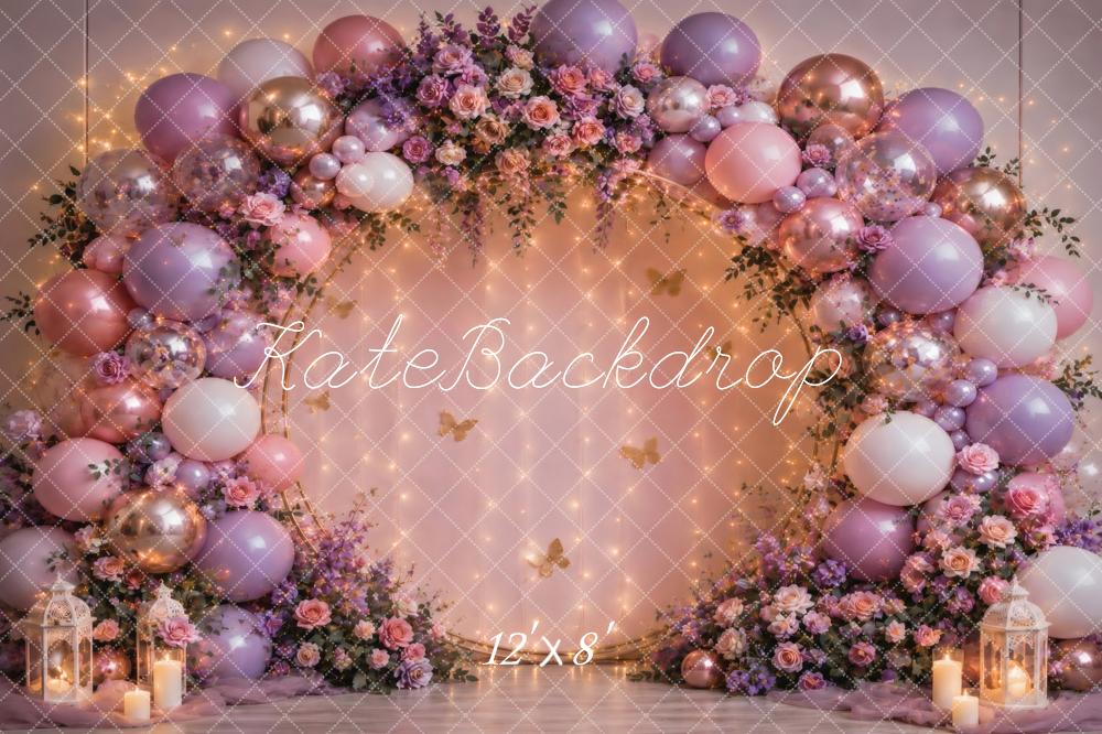 Kate Cake Smash Fairy Flower Arch Balloon Garland Pink Purple Printed Backdrop Designed by Vertigo Productions