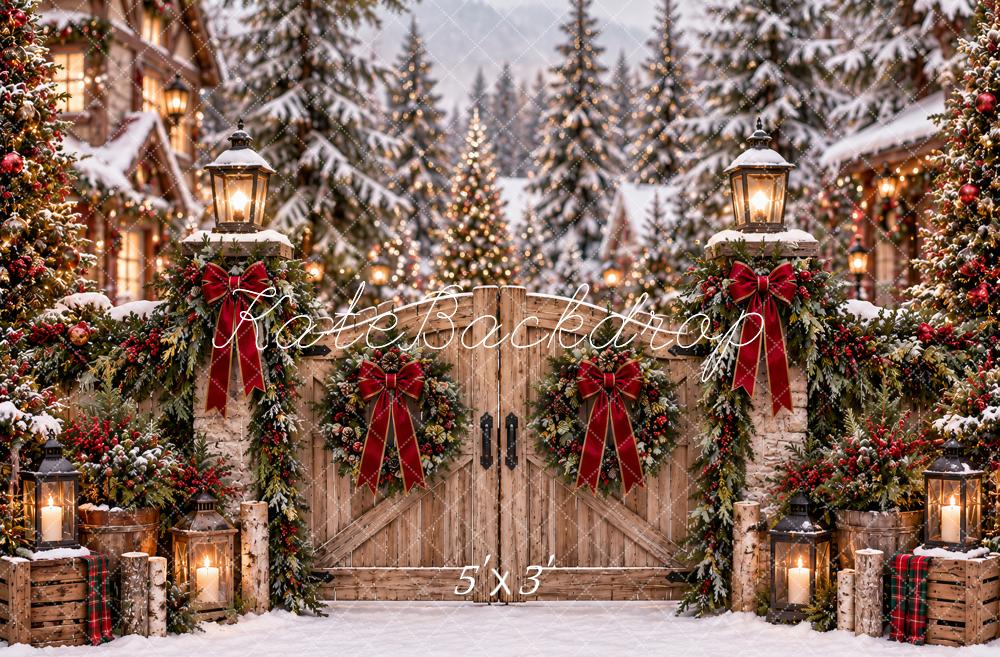 Kate Christmas Wooden Gate Snowy Village Red Bows Trees Printed Backdrop Designed by Ashley Paul