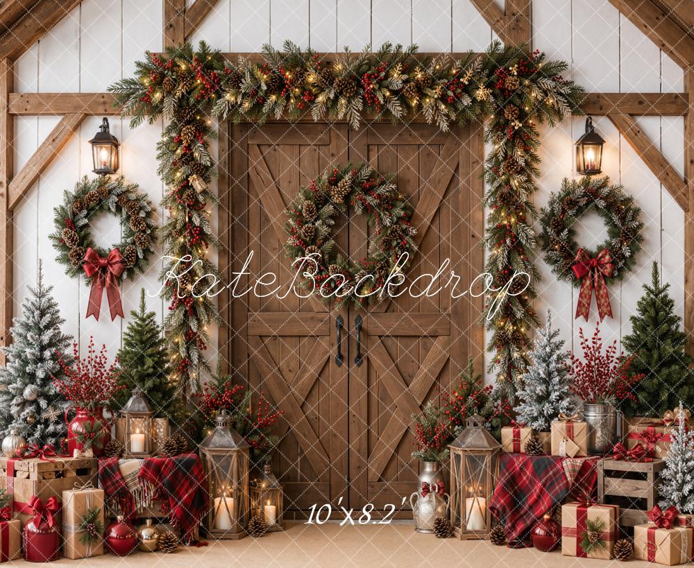 Kate Christmas Rustic Barn Door Garland Wreaths Gifts Printed Backdrop Designed by Emetselch