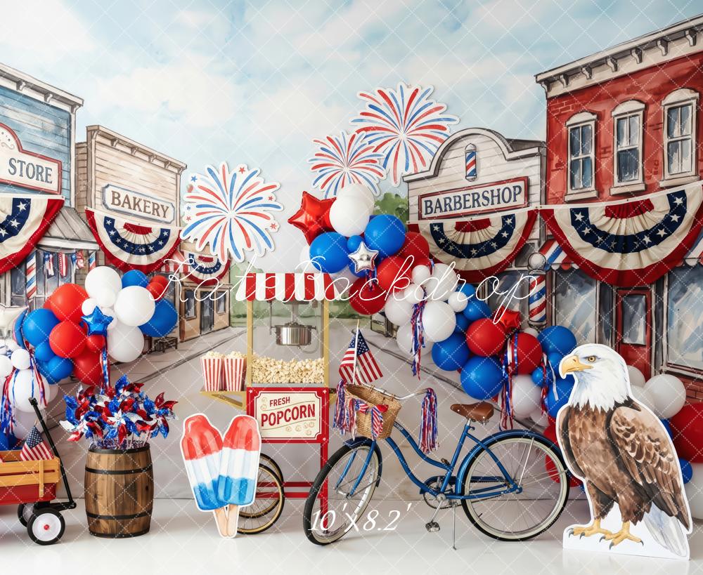 Kate 4th Of July Main Street Fireworks Balloons Bike Eagle Printed Backdrop Designed by Patty Roberts