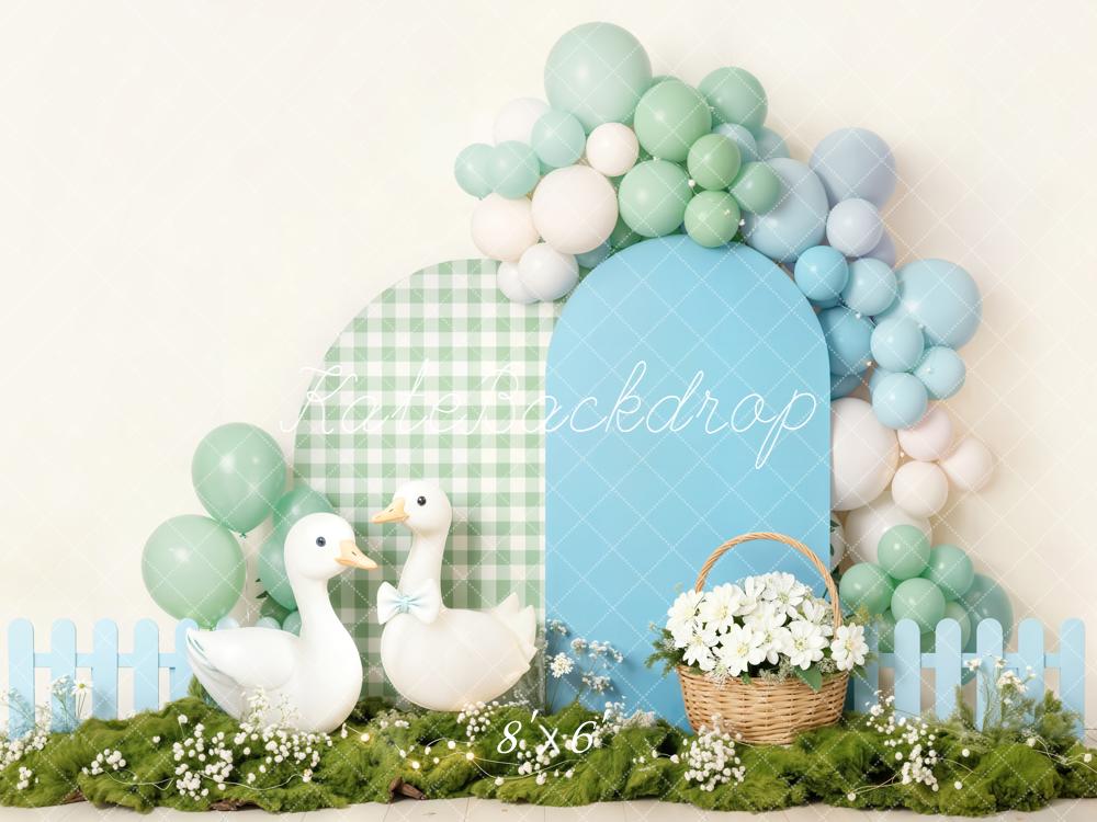 Kate Cake Smash Silly Goose Balloon Blue Arch Gingham Basket Flowers Backdrop Designed by Emetselch