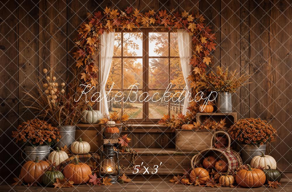 Kate Fall Pumpkins Window Maple Leaves Rustic Wood Printed Backdrop Designed by Emetselch