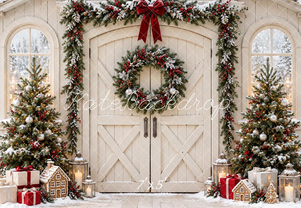 Kate Christmas White Barn Door Garland Wreath Snowy Trees Printed Backdrop Designed by Emetselch