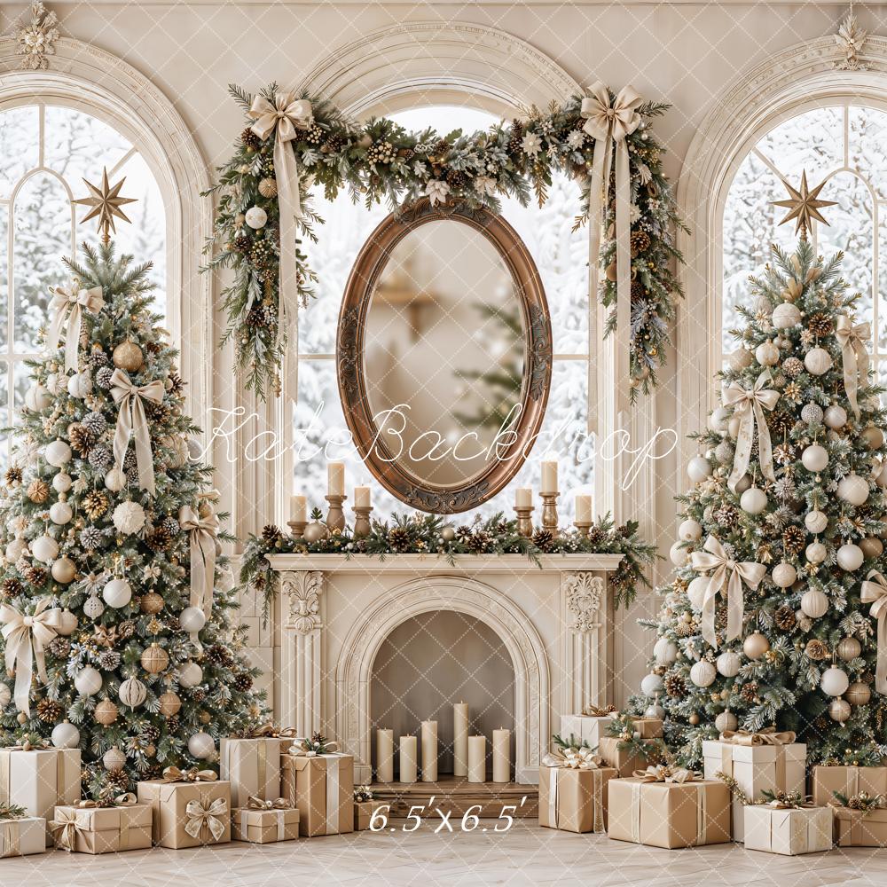 Kate Christmas Vintage Fireplace Window Christmas Tree Gifts Printed Backdrop Designed by Emetselch